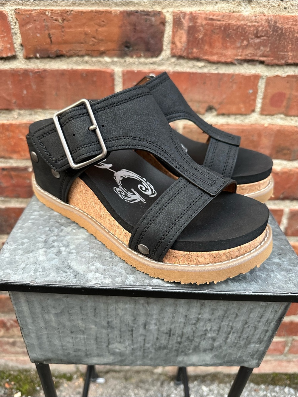 NEW Very G Black Cork-Trim Wedge Sandals with Adjustable Buckle